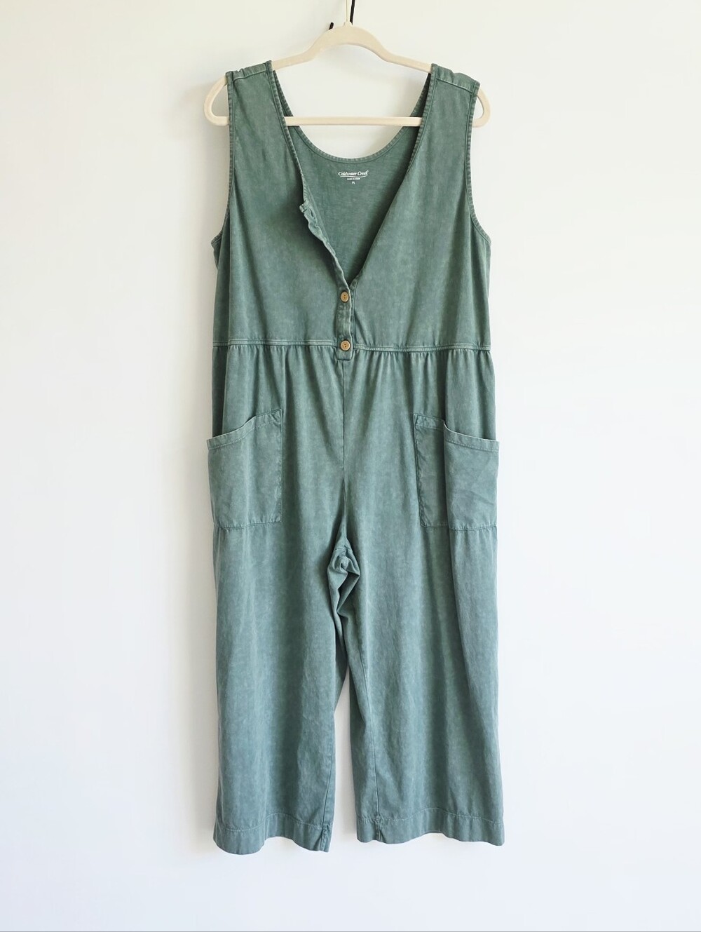 Coldwater Creek 100% Cotton Washed Green Sleeveless Jumpsuit Women's Size PL